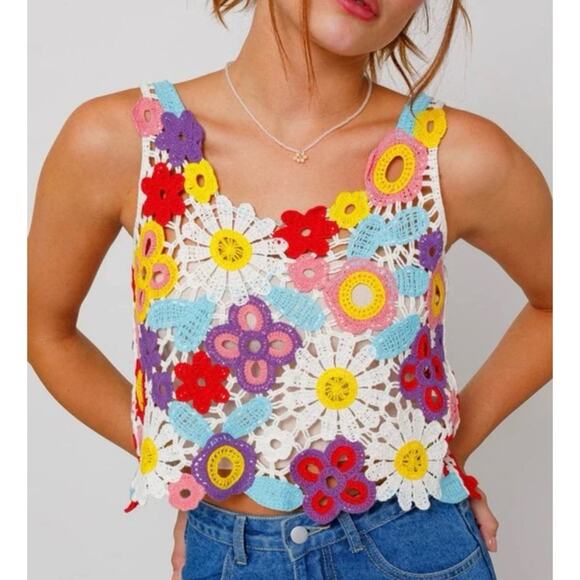Le Lis Multicolor Crochet Floral Tank Top M/L - Picture 1 of 7